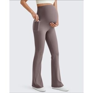 G4Free Size-M BareFeel Maternity Dress Flare Yoga Pants Stretchy Brown